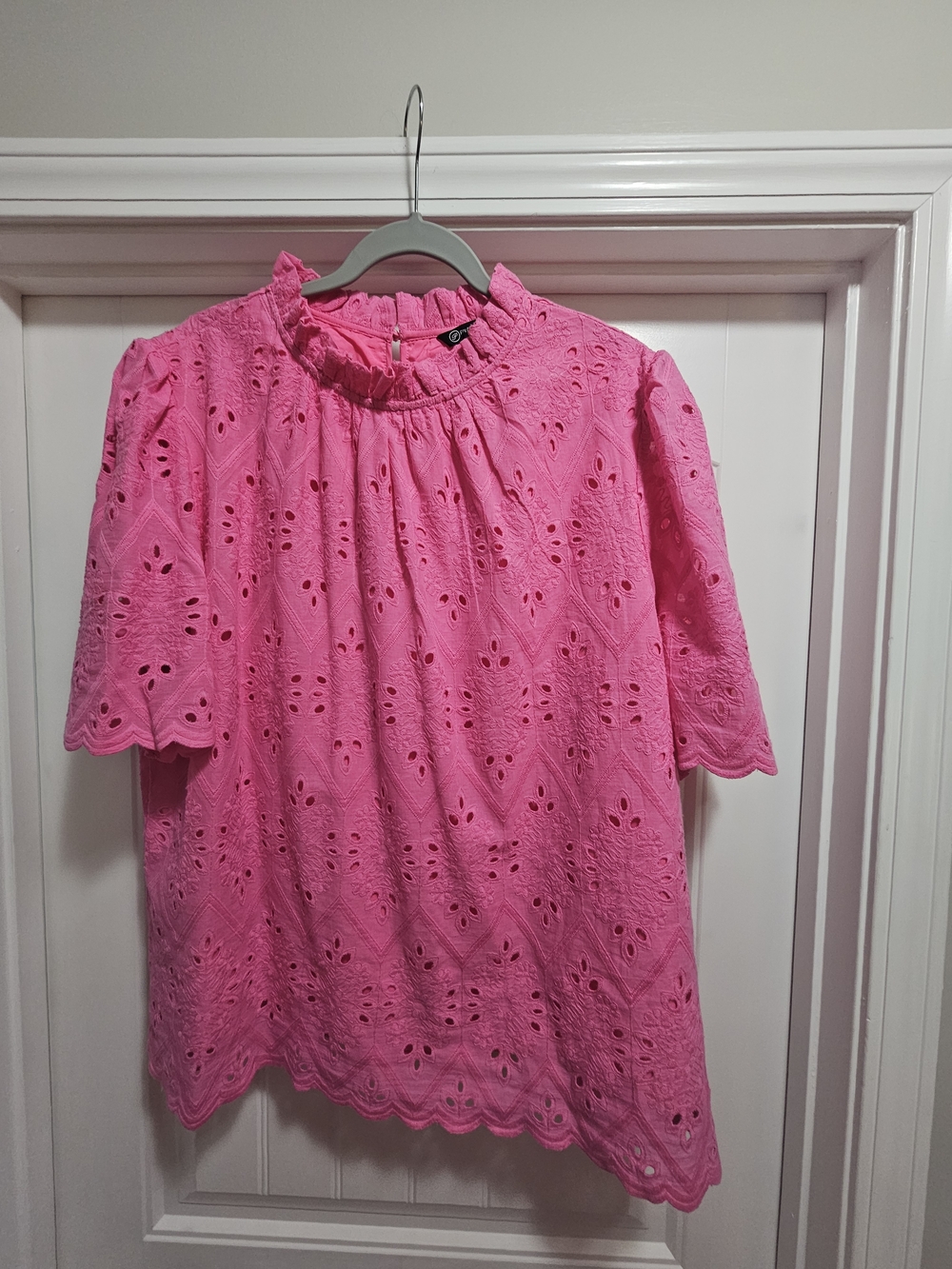 Women's Pink Eyelet Ruffle Neck Blouse